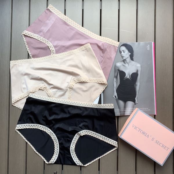 【3 pezzi】 Intimo senza cuciture a vita media da donna in pizzo tinta unita alla moda di Victoria's Secret