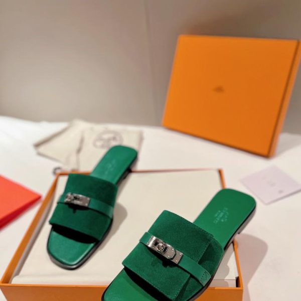 repliche,replica,perfette,siti di,affidabili,migliori siti,dove comprare,1:1,scarpe da ginnastica Ciabatte flat Herme in pelle di vitello verde elettrico