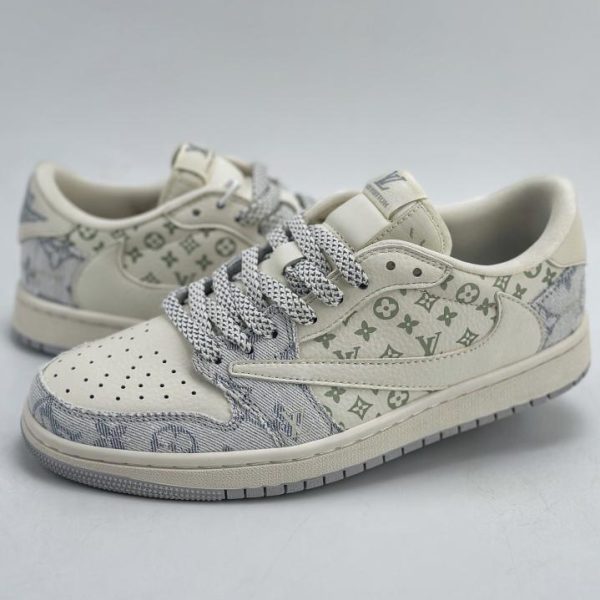 repliche,replica,perfette,siti di,affidabili,migliori siti,dove comprare,1:1,scarpe da ginnastica Air Jordan 1 Retro Low x Louis Vuitton denim bianco grigio chiaro