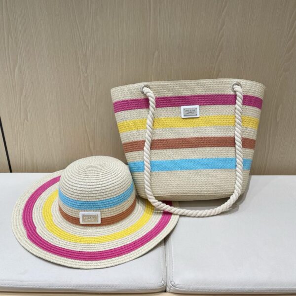 repliche,replica,perfette,siti di,affidabili,migliori siti,dove comprare,1:1,scarpe da ginnastica Set Prada estivo in due pezzi con cappello di paglia a tesa larga a righe e borsa di paglia