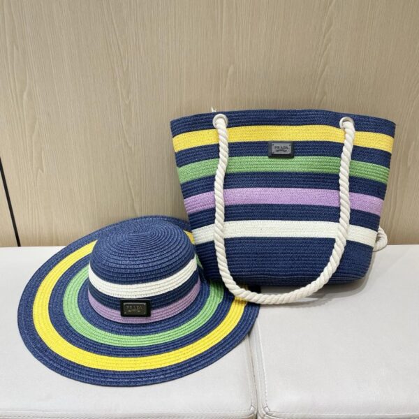 repliche,replica,perfette,siti di,affidabili,migliori siti,dove comprare,1:1,scarpe da ginnastica Set Prada estivo in due pezzi con cappello di paglia a tesa larga a righe e borsa di paglia