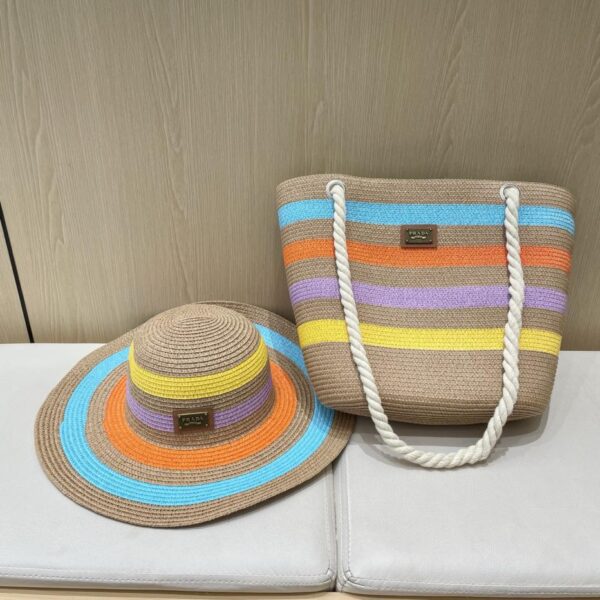 repliche,replica,perfette,siti di,affidabili,migliori siti,dove comprare,1:1,scarpe da ginnastica Set Prada estivo in due pezzi con cappello di paglia a tesa larga a righe e borsa di paglia