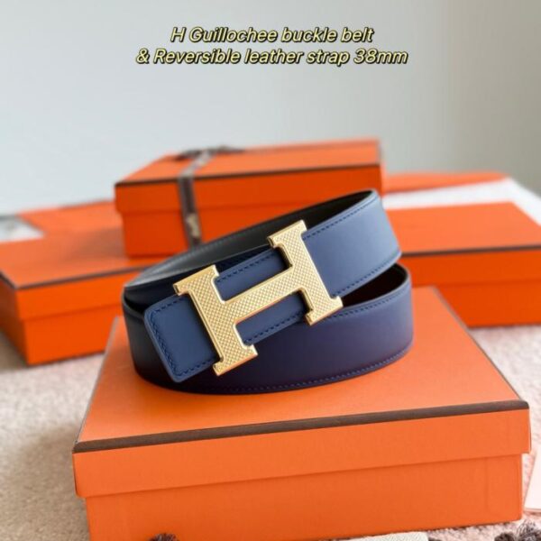 Cintura da uomo Hermes Guillochee con dettagli in pelle di vitello opaca bifacciale importata, larghezza 38 mm (9ANMK)