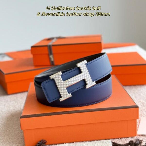 Cintura da uomo Hermes Guillochee con dettagli in pelle di vitello opaca bifacciale importata, larghezza 38 mm (IF9F4)