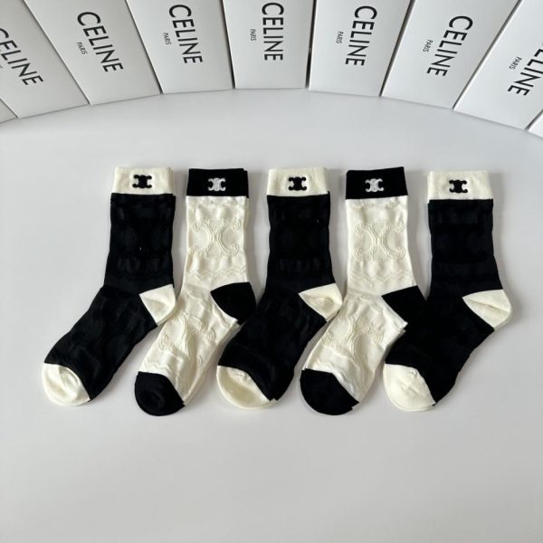 repliche,replica,perfette,siti di,affidabili,migliori siti,dove comprare,1:1,scarpe da ginnastica Calzini di media lunghezza con ricamo CELINE, 5 paia per scatola (C6V09)