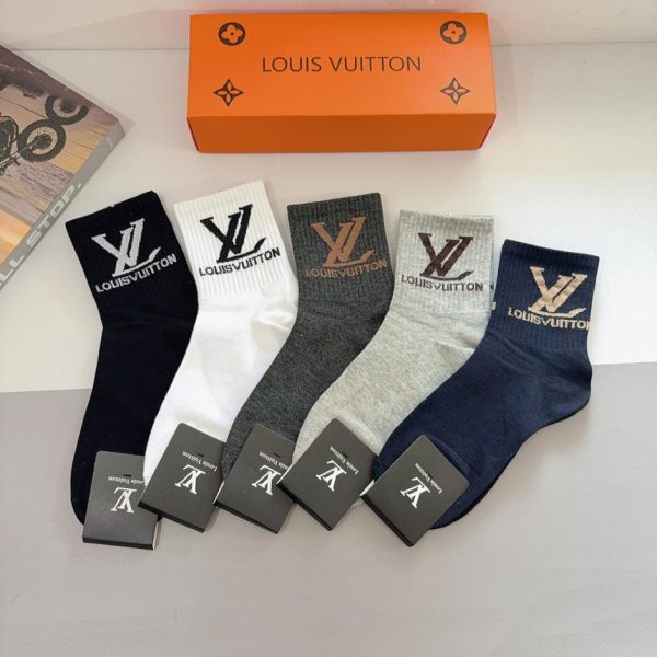 (5 paia per scatola) Calzini da uomo Louis Vuitton a metà polpaccio, in puro cotone (YBAX4)