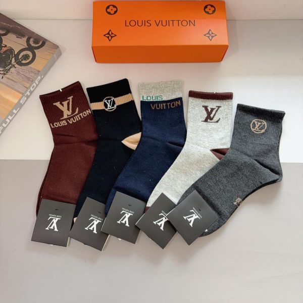 (5 paia per scatola) Calzini da uomo Louis Vuitton a metà polpaccio, 100% cotone (5GQ5N)