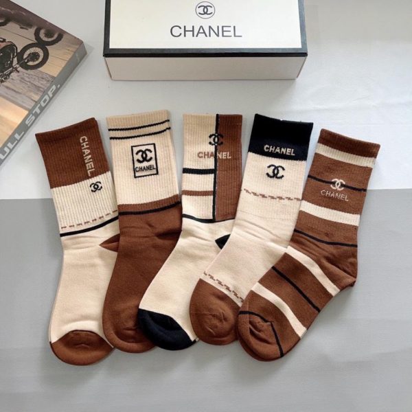 (5 paia per scatola) Calzini classici Chanel, puro cotone di alta qualità, materiale morbido (CJ9Q3)