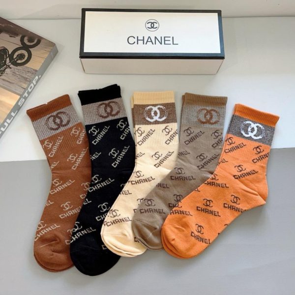 (5 paia per scatola) Calze classiche Chanel, materiale in puro cotone di alta qualità, morbide e di prima qualità (VSJV1)