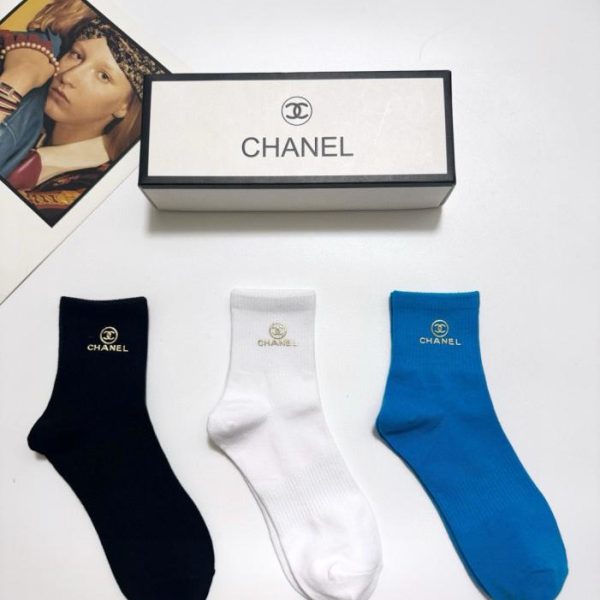 [3 paia per scatola] Calzini a metà polpaccio in puro cotone con logo classico Chanel (7B6FA)