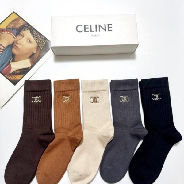 【5 paia per scatola】 Calzini a metà polpaccio in misto cashmere con logo ricamato Celine Classic (3I3JH)