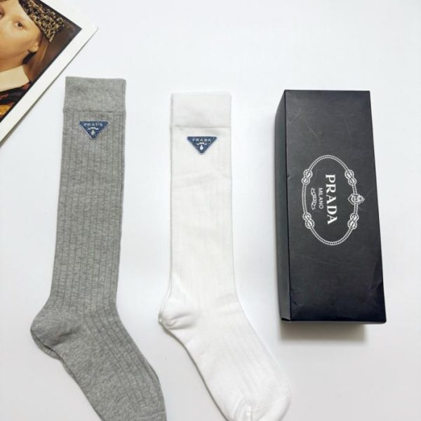 [Due paia per scatola] Calzini in cotone con logo classico Prada, calzini morbidi al polpaccio (B055I)