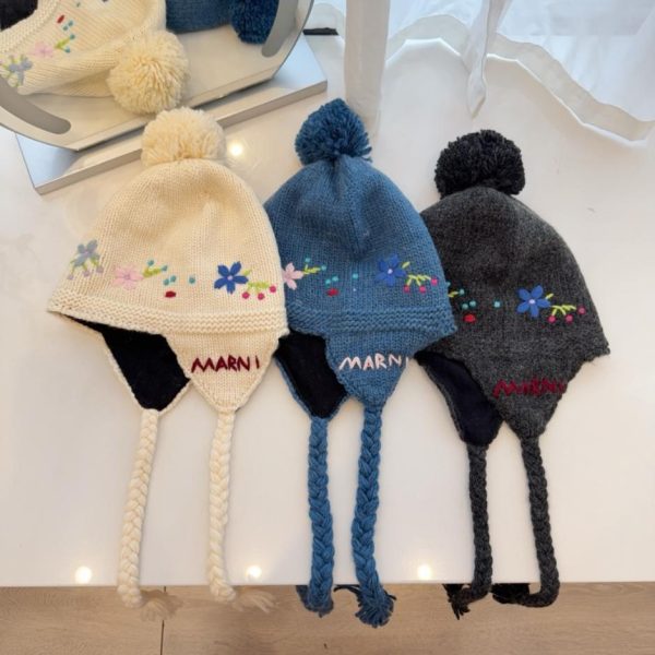 MARNI Nuovo cappello con paraorecchie a doppio strato, cappello con paraorecchie in maglia di lana jacquard (QZ9H6)