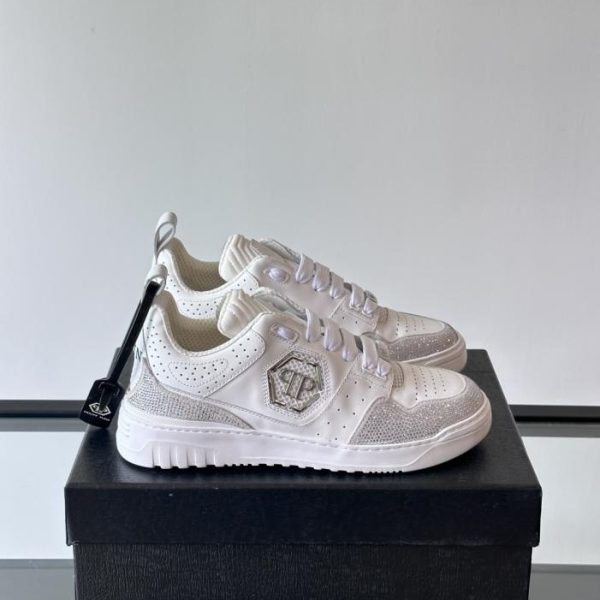 Contatore / PHILIPP PLEIN, marchio tedesco di streetwear, sneakers basse da uomo con decorazioni in strass e pelle di vacchetta lucida (9I80C)
