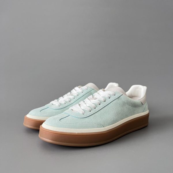 Sneakers basse con punta tonda e lacci in pelle Loro Piana color verde Tiffany, stile unisex (JFUL6)