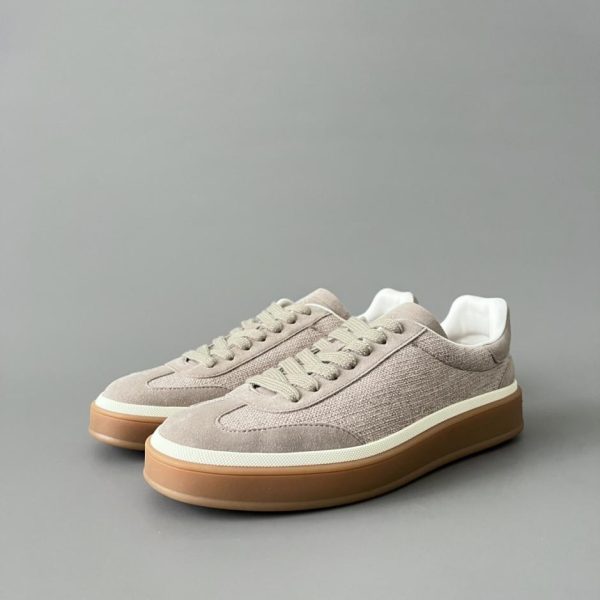 Sneakers basse con punta tonda e lacci in pelle Loro Piana, color grano, unisex (ZQZY0)
