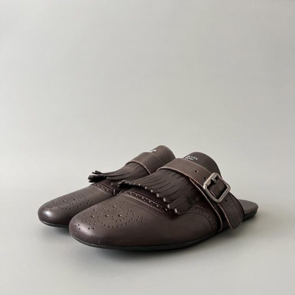 repliche,replica,perfette,siti di,affidabili,migliori siti,dove comprare,1:1,scarpe da ginnastica PRADA mule in pelle di vitello stile shuffle con finiture in nappa, marrone da uomo (SGKE9)