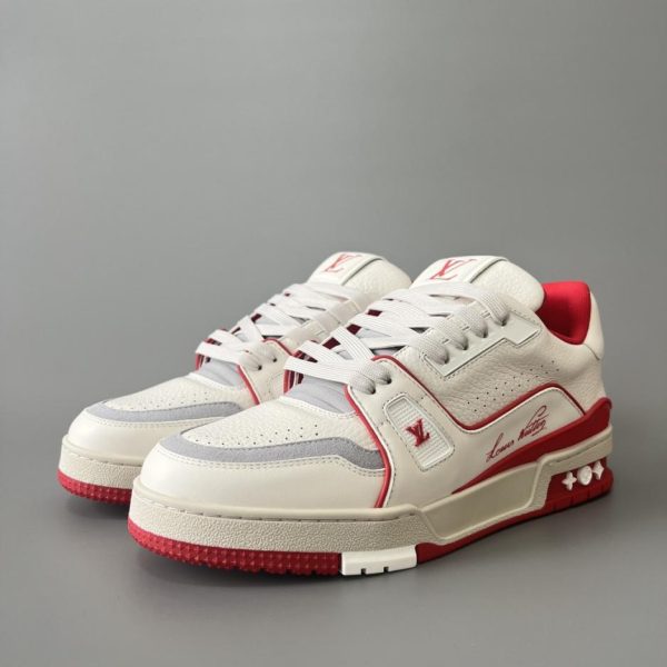 repliche,replica,perfette,siti di,affidabili,migliori siti,dove comprare,1:1,scarpe da ginnastica Louis Vuitton Trainer Low-Top Casual Sneakers, Uomo, Bianco e Rosso (MXU8A)
