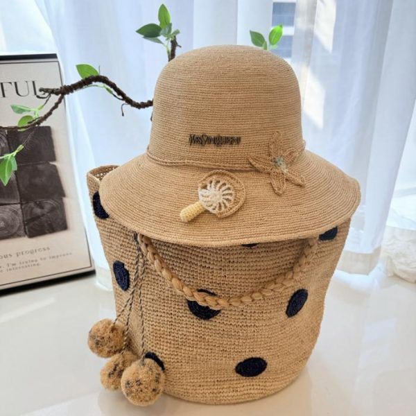 repliche,replica,perfette,siti di,affidabili,migliori siti,dove comprare,1:1,scarpe da ginnastica Cappello YSL in paglia a tesa larga, in rafia finissima con decorazione 3D incrociata a mano (7CIH61)