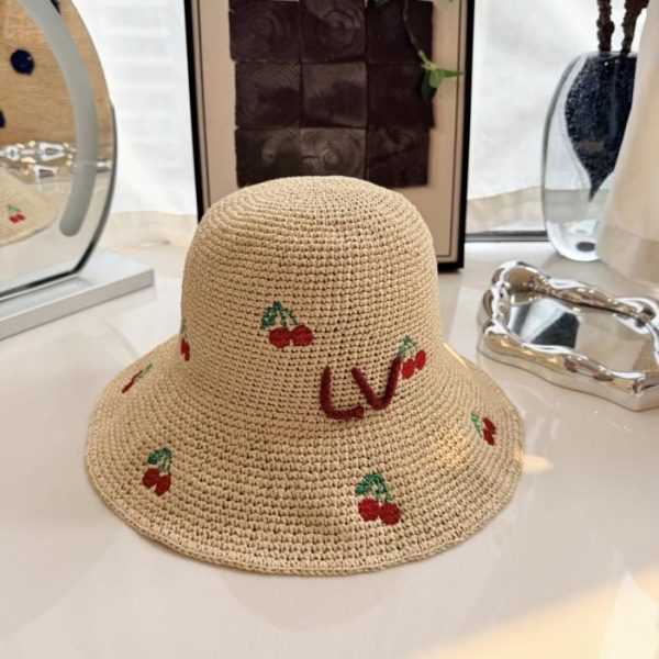 repliche,replica,perfette,siti di,affidabili,migliori siti,dove comprare,1:1,scarpe da ginnastica Cappello da pescatore in paglia LV con ricamo di ciliegie, rafia lavorata all’uncinetto a mano, ricamo di ciliegie su tutta la superficie (URN6CG)