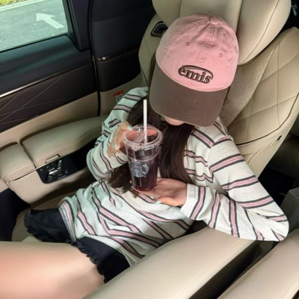 Cappellino da baseball Emis rosa e marrone a blocchi di colore, stile coreano (VGQQX7)